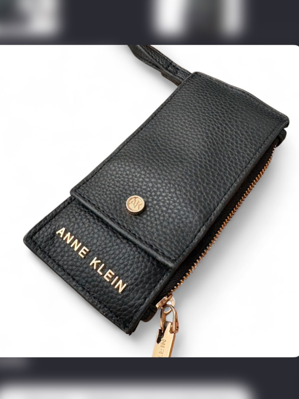 Anne Klein Black Pebbled Leather Wristlet  with Gold Hardware